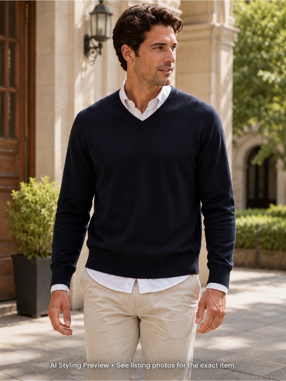 Zara Man Menâs L Navy 80% Wool V-Neck Sweater Preppy